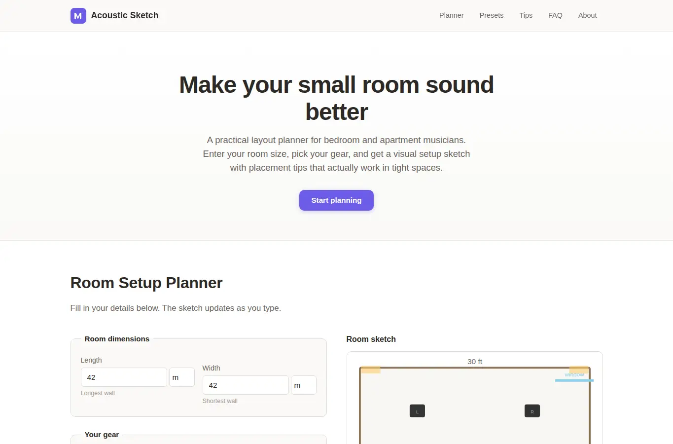 Screenshot of Small Space Acoustic Setup Sketch interface showing the project page in use